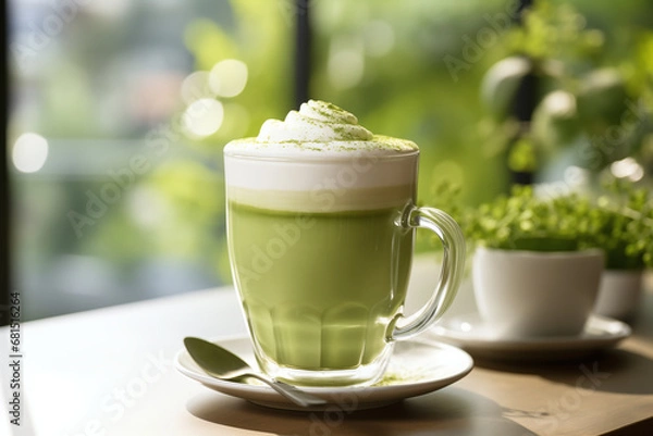 Fototapeta Close up A cup of green tea matcha latte at the table in a caffe. Window light background, Soft natural summer day lighting