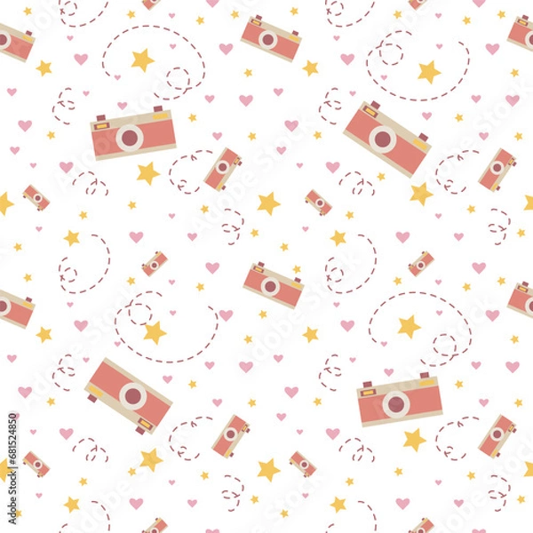 Fototapeta Vector seamless pattern with flat photo camera, stars, hearts. Pastel background for creativity