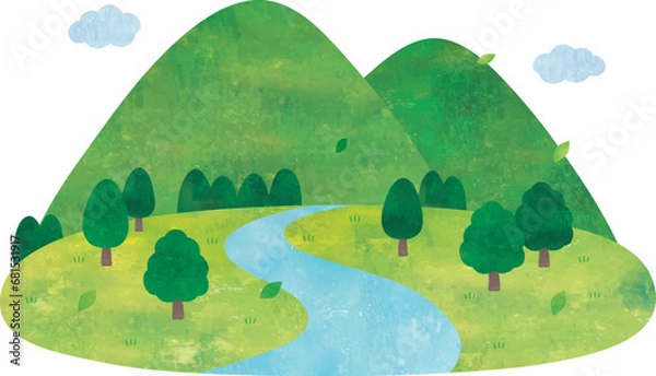 Fototapeta 山と川のシンプルな水彩風景