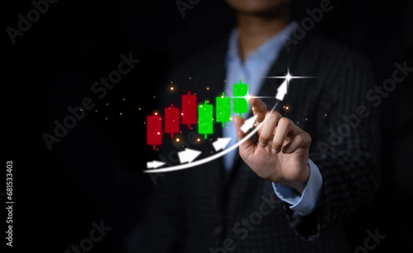 Fototapeta Businessman analyzing graphs, partnerships, finance, working with graphics, virtual technology, digital, positive indicators, growth.