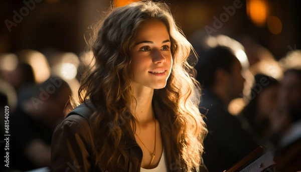Fototapeta Young woman enjoying city nightlife, smiling with confidence and elegance generated by AI