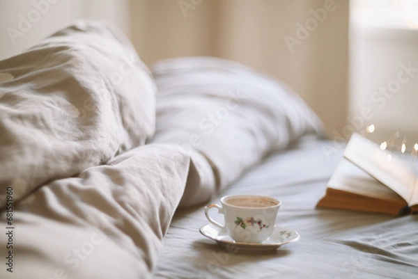 Fototapeta Light cozy bedroom, Coffee or tea cup and an open book on the bed. Spring still life. Breakfast in bed.