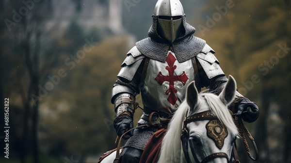 Fototapeta Medieval Knight on Horseback with Crusader Cross Armour