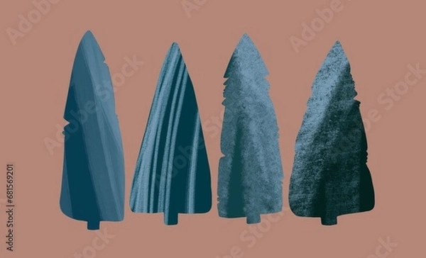 Fototapeta A set of four winter green fir trees with a picturesque texture on a dark pink background. Stylized decorative silhouettes of coniferous trees, elements of architectural surroundings.
