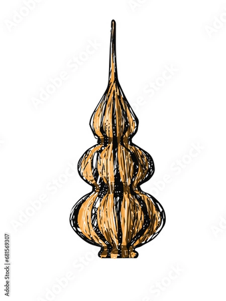 Fototapeta Christmas tree toy, the tip of the Christmas tree, graphic textured black lines with bright golden-yellow stripes. Isolated vector object on a white background. Design element 