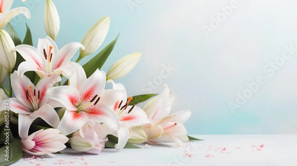 Fototapeta Easter lillies and colorful decorated easter eggs on a light pastel background. AI generative