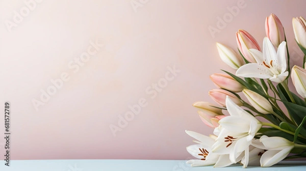 Obraz Easter lillies and colorful decorated easter eggs on a light pastel background. AI generative