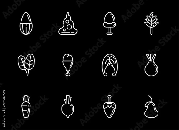 Fototapeta White outline flat food, icons for a mobile app. Stylized healthy food for a menu on black background