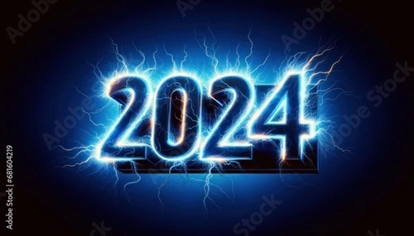 Fototapeta 2024 Lettering Number for Happy New Year with Lightning Electric Style. Light Blue on Dark Background