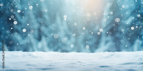 Fototapeta Snowflakes in a forest of pine trees, on icy blue background covered with white snow, Decoration for winter season, Christmas celebrations, New Year greeting card with copy space