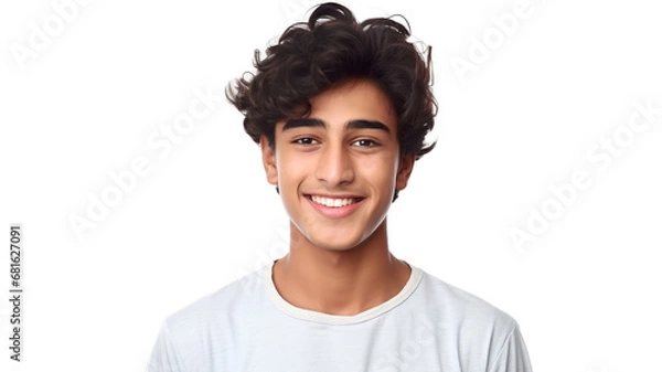 Obraz Indian teenage boy grinning alone against a stark white background