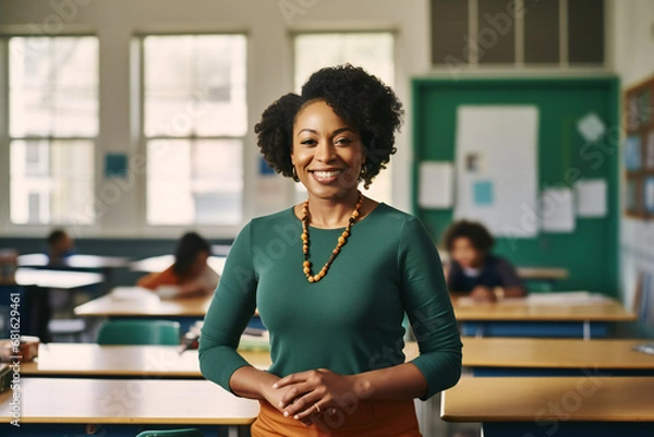 Obraz portrait of a smiling 30-year-old african american woman teacher in a modern bright classroom, generated ai