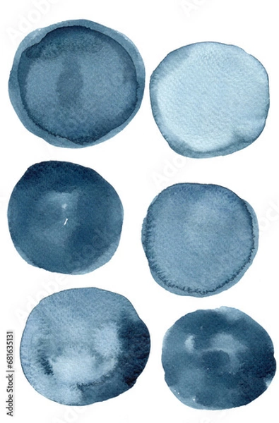 Fototapeta Blue painted circles isolated on white background, watercolour shapes
