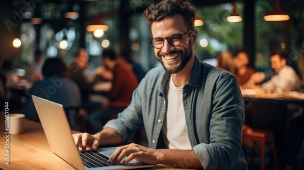 Fototapeta Smiling web designer using laptop at vibrant co-working space.
