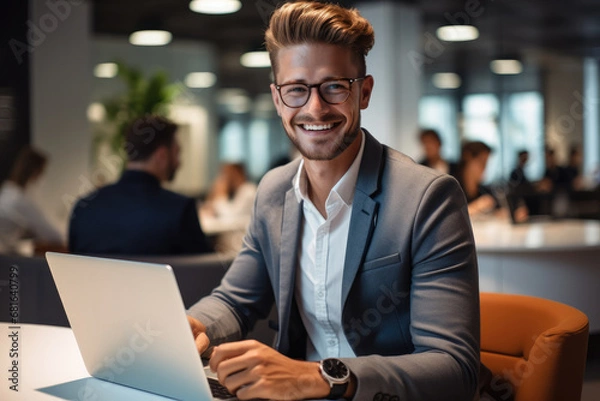 Fototapeta Happy customer sitting working with laptop in a office.