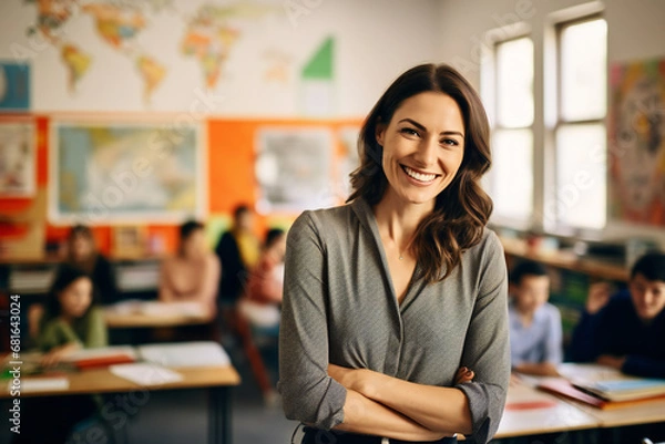 Obraz Portrait of a smiling 30-year-old female teacher in a modern bright classroom, generated ai