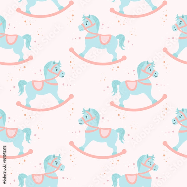 Obraz Seamless pattern, cute rocking horses on a background with stars. Pastel colors. Baby shower background, baby textile, wallpaper, vector