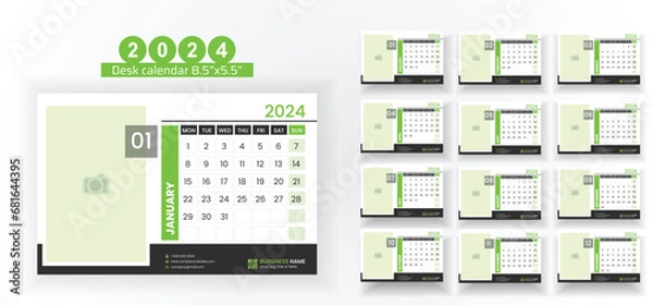 Fototapeta 2024 Desk Calendar Planner Templates for a company or home. Simple full page calendar in vector format with Monday as the start of the week.