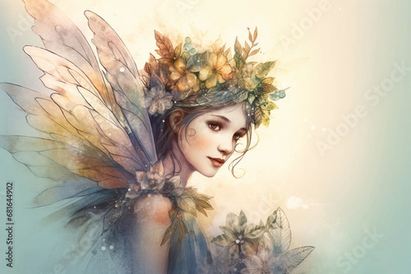 Obraz Fantasy portrait of a beautiful fairy in a wreath of flowers