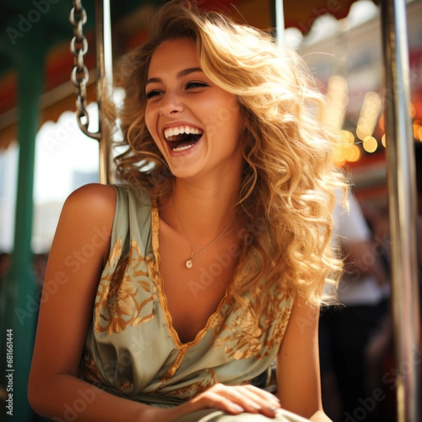 Fototapeta Fröhliche junge Frau lacht auf einem Karussell bei Tageslicht, Generative AI