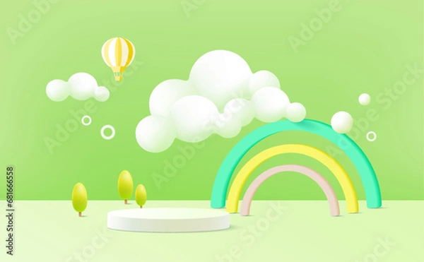 Fototapeta 3D rendering podium kid style with color pastel background, clouds and weather with space for kids or baby product.