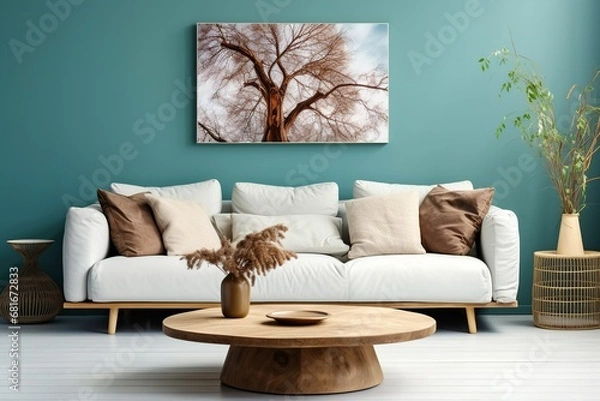 Fototapeta Rustic round coffee table near white sofa against turquoise wall. Scandinavian home interior design of modern living room, Generative AI