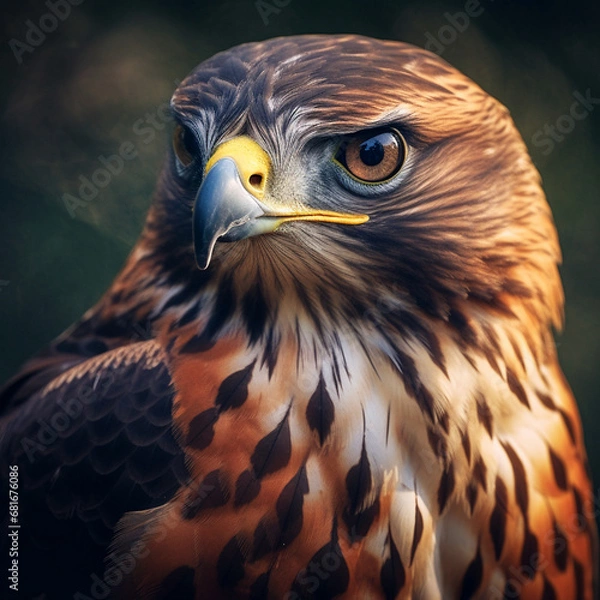 Fototapeta Extraordinary illustration, Sparrowhawk on a driftwood branch, close-up, glowing shadows, rare birds in the wild.