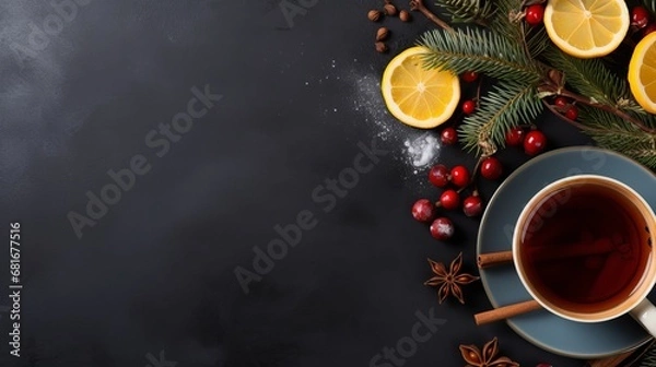 Fototapeta Beat see glass of tea flavored by lemon christmas tree branch ice creams update paper on dull ruddy table