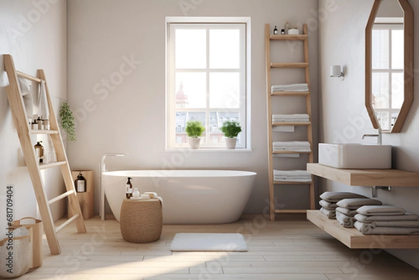 Obraz Bright, airy bathroom with a freestanding tub, wooden details, and a city view through a window, exuding serene comfort. Scandinavian interior
