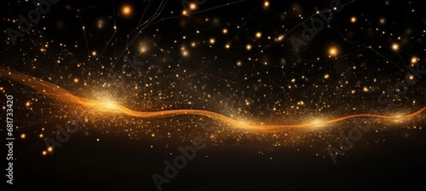 Fototapeta Digital black particles wave and light abstract background with shining star like dots