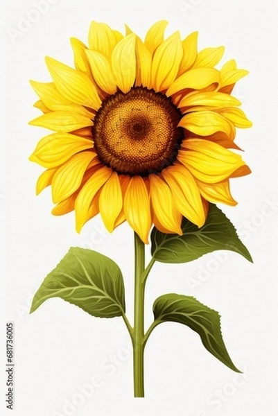 Fototapeta A vibrant yellow sunflower with green leaves against a clean white background. Perfect for adding a touch of nature to any project or design