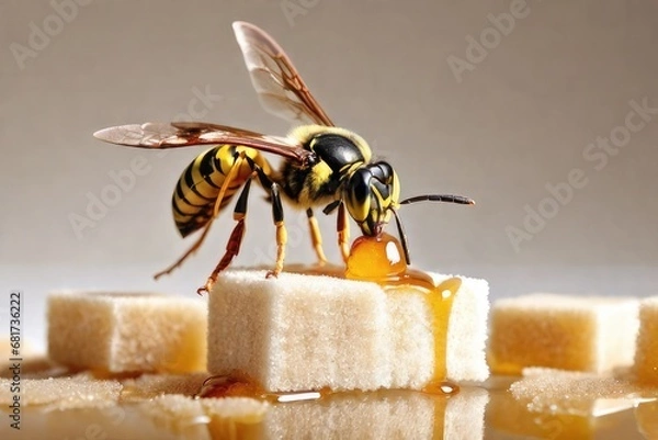Fototapeta A bee sits on brown sugar cubes