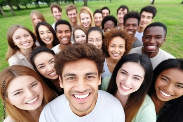 Fototapeta Picture of group of people standing together in park. This versatile image can be used to represent friendship, community, outdoor activities, and more