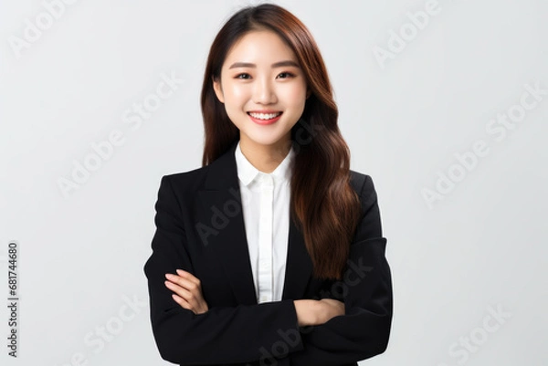 Fototapeta Professional woman wearing business suit poses for picture. This versatile image can be used to depict success, confidence, and professionalism in various business-related contexts