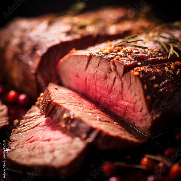 Fototapeta A close up macro shot of sliced juicy roast beef tenderloin with hers on top 