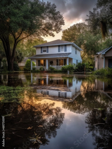 Fototapeta House is reflected in a body of water.