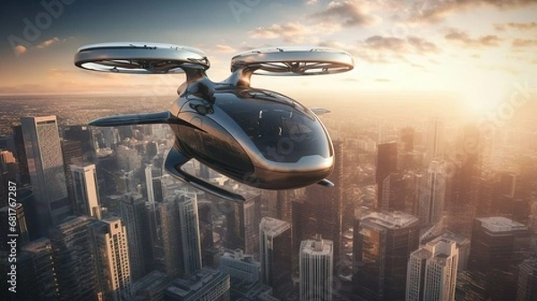 Fototapeta Passenger transportation of the future. Air vehicle, flying car drone air taxi. Electric eco self-driving passenger drone aircraft flying in the sky above the city. Sci fi ship futuristic future