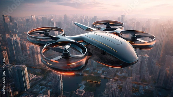 Fototapeta Passenger transportation of the future. Air vehicle, flying car drone air taxi. Electric eco self-driving passenger drone aircraft flying in the sky above the city. Sci fi ship futuristic future