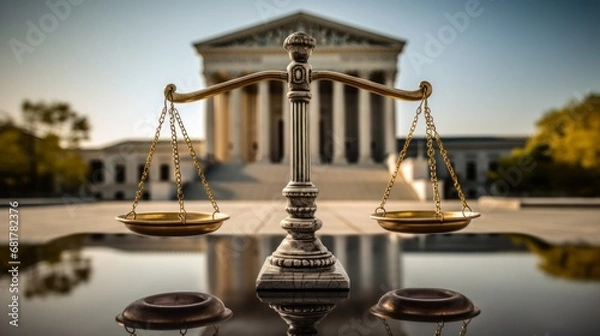 Fototapeta Symbolic of the demand for effective, accountable, and inclusive institutions, a balanced scale graces the area in front of a government building.