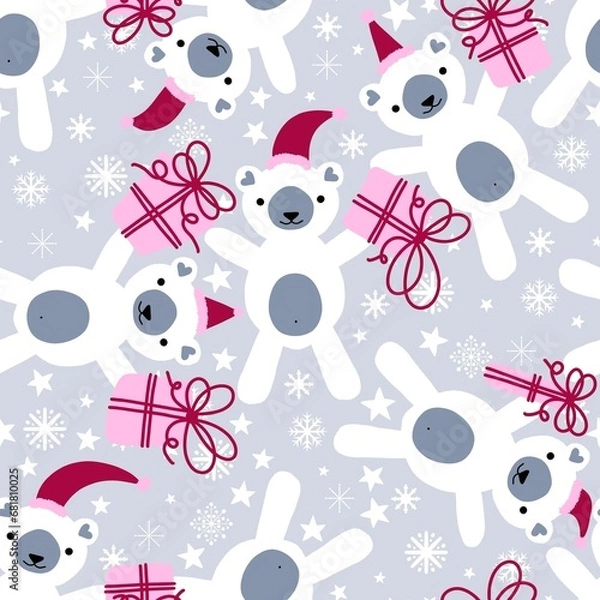 Fototapeta Christmas animals seamless bears pattern for wrapping paper and fabrics and linens and kids clothes print