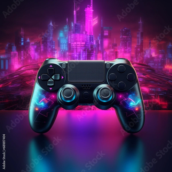 Obraz Cyberpunk PlayStation controller with neon lights in background