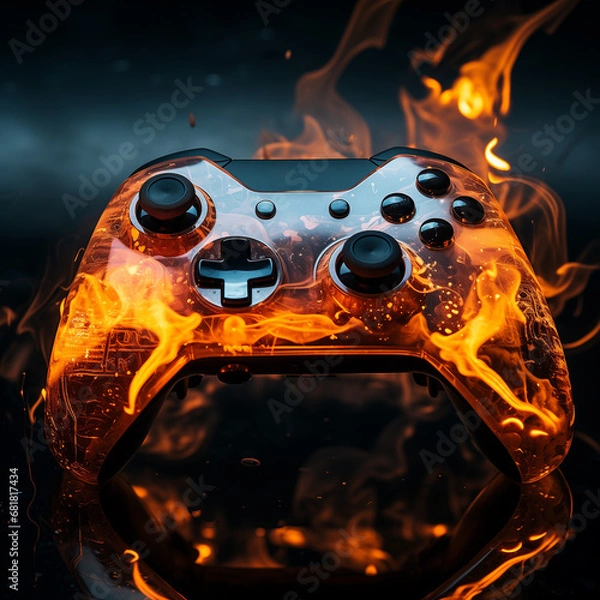 Obraz Gaming controller burning on fire with flames background