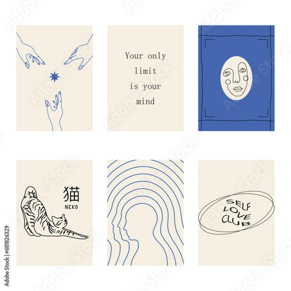 Fototapeta Set of positive social media quotes, motivation posters on trendy abstract background in neutral colors (Japanese text translation: cat).