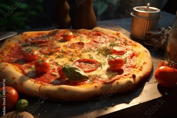 Obraz Close-up of a delicious-looking pizza with melted cheese, pepperoni, and cherry tomatoes