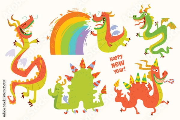 Fototapeta Dragon year. Happy New Year. Set colorful cartoon characters. Funny vector illustration. Isolated on white background