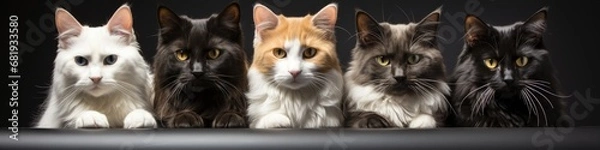 Fototapeta Five Cats of Different Colors Lined Up Against a Black Background