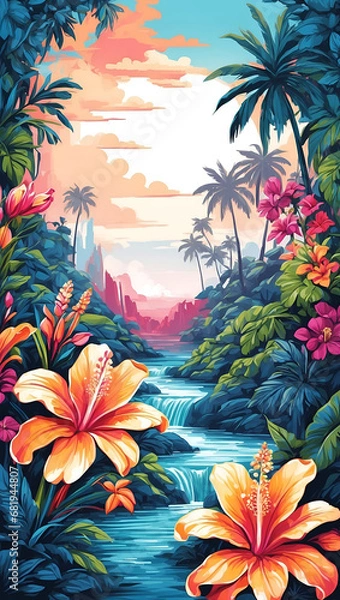 Fototapeta Tropical Garden Colorful Illustration Floral Drawing Background Postcard Digital Artwork Banner Website Flyer Ads Gift Card Template