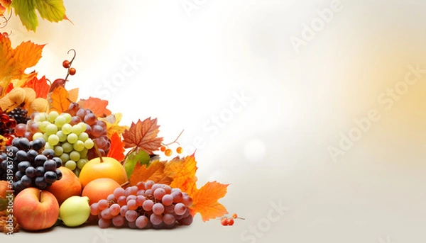 Fototapeta autumn leaves and berries autumn leaves and fruits grape, fruit, food, grapes, vine, leaf, bunch, autumn, wine, berry, plant, vector, ripe, nature,  