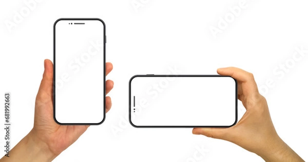 Obraz Hands holding mobile phone mockup. Blank smart phone screens isolated on transparent PNG background. 