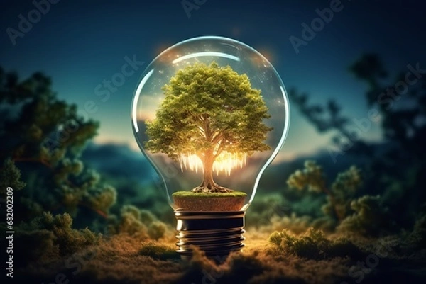 Fototapeta A tree growing inside of a light bulb is a surreal and symbolic image that represents the interconnectedness of nature and technology. The tree represents life and growth